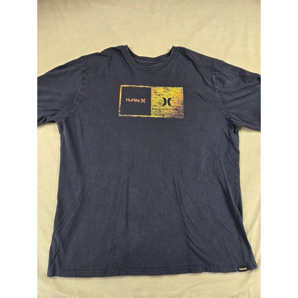 Hurley Mens XL Black Graphic T-Shirt Box Logo Sunset Gradient Cotton Tee